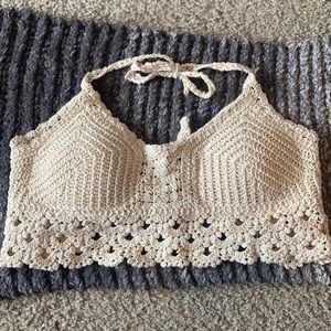 Small, crocheted bra, Tan ties in back and top